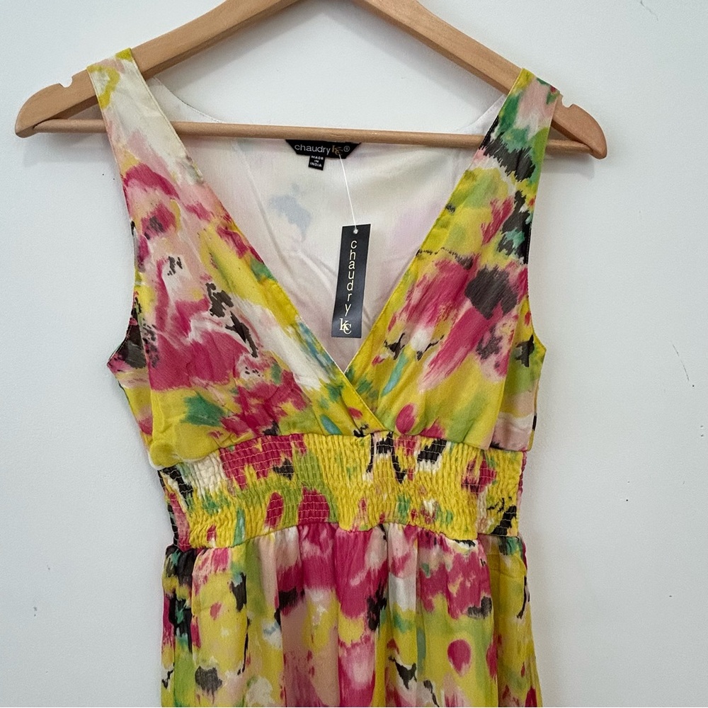 Chaudry Dress Womens Small V Neck Sleeveless Yellow Abstract Midi New - Picture 5 of 10